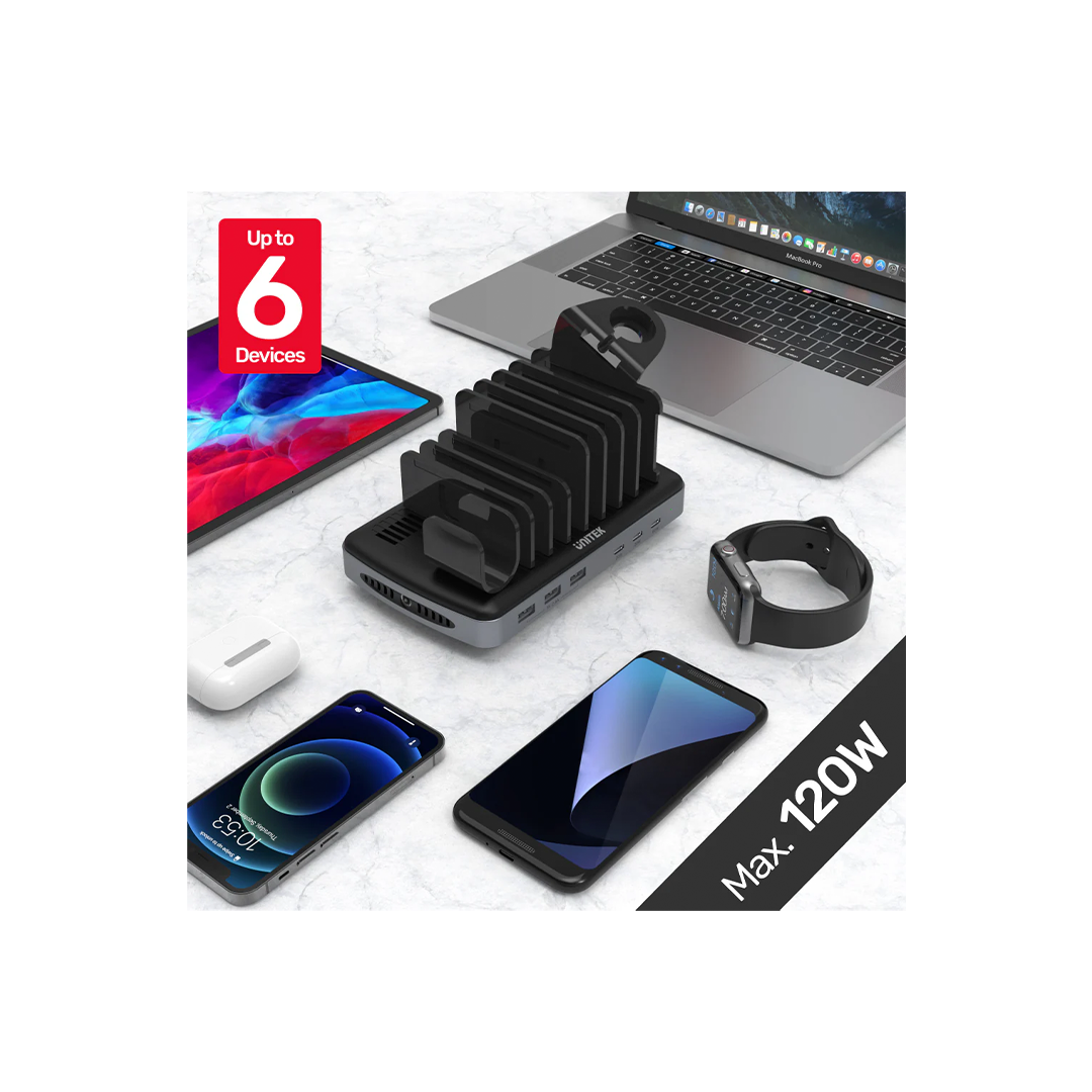 Unitek USB C Charging Station for Multiple Devices Apple, 120W 6 Port Charging Dock with Type-C PD 20W & PD 60W, Fast Charging Stand with Smartwatch & Airpods Holder for iPhone, iPad, Tablet, MacBook in Qatar Unitek USB C Charging Station for Multiple Devices Apple, 120W 6 Port Charging Dock with Type-C PD 20W & PD 60W, Fast Charging Stand with Smartwatch & Airpods Holder for iPhone, iPad, Tablet, MacBook in Qatar